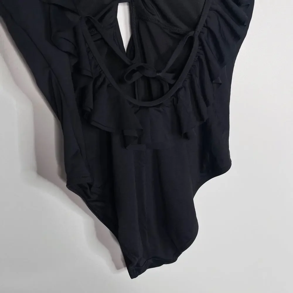 Michael Kors Womens 10 Black Ruffle Deep V Neck One Piece Swim Suit Tie Back